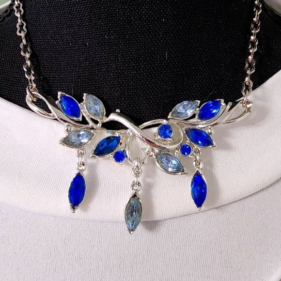 Vtg Style Two Tone Blue Rhinestones Silver w/Bracelet - Picture 1 of 14